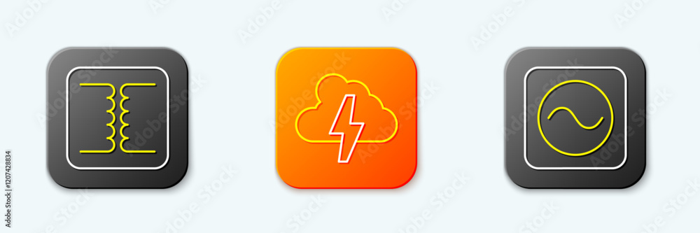Poster set line electrical transformer, cloud and lightning and ac voltage source icon. vector