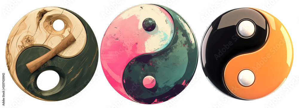 Poster Three unique Yin Yang symbols are displayed, each with distinct designs and colors. first symbol features green and brown wooden texture with natural, earthy feel. second symbol has vibrant