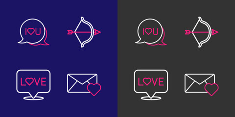 Set line Envelope with Valentine heart, Love text, Bow and arrow and Speech bubble I love you icon. Vector