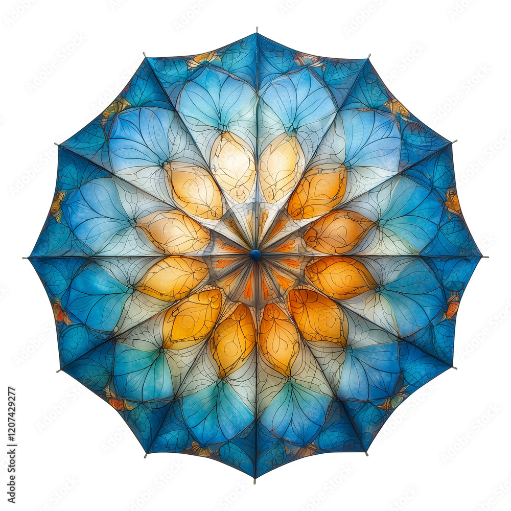 Poster top view of multicolored umbrella with vibrant geometric pattern featuring blue and orange hues, isolated on transparency background