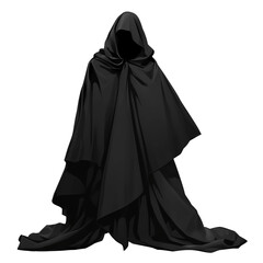 Naklejka premium mysterious figure in black cloak stands isolated on transparency background, evoking enigmatic and shadowy presence. cloak folds create sense of depth and intrigue
