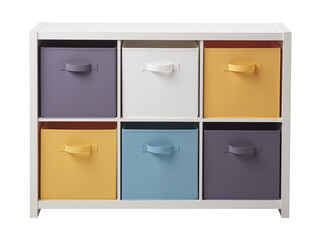 White Storage Shelf with Multicolored Fabric Bins