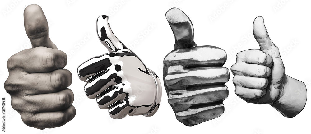Leinwandbilder four thumbs up symbols in various artistic styles, including matte charcoal and rough texture, isola