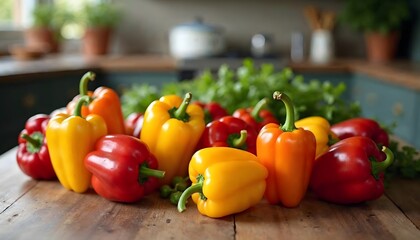 Fresh Colorful Bell Peppers Harvest Kitchen Table