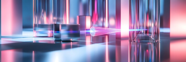 An experimental laser beam setup reflecting through prisms in a physics research lab