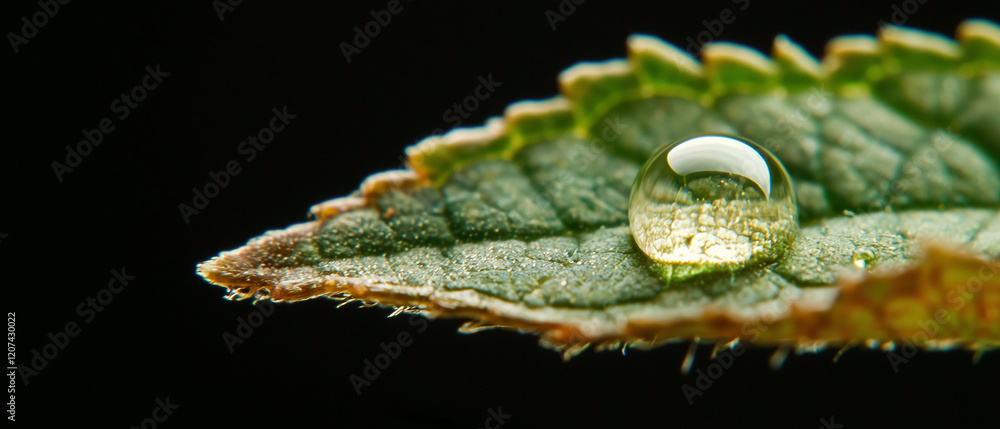 Poster single droplet forms on textured leaf, captured in macro detail against dark background. intricate s