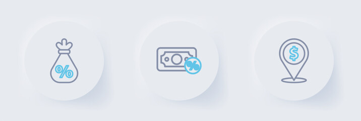 Set line Cash location, Money percent and bag with icon. Vector