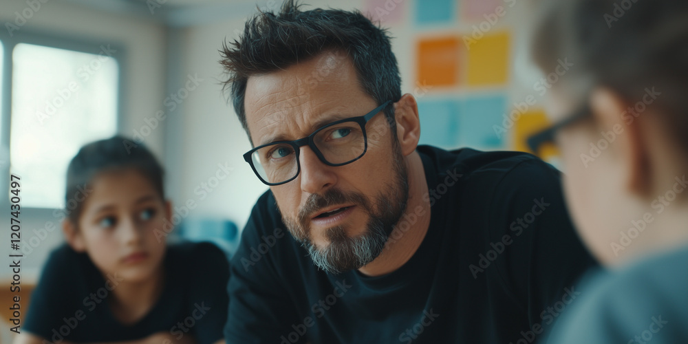 Poster teacher with glasses attentively explains concept to two students in classroom setting. students listen intently, indicating focused learning environment