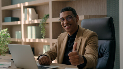 African American man ethnic 30s millennial businessman happy entrepreneur business employer office...