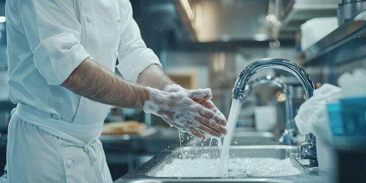 chef in clean kitchen washes hands under running water, ensuring hygiene