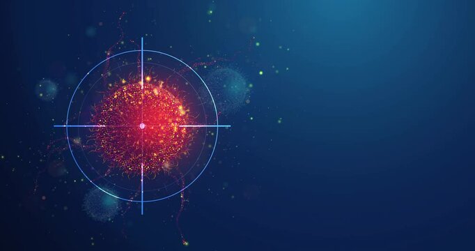 Abstract animation with targeting cancer cell made of glowing neon particles. Cancer cell screening and disease treatment animated medical concept on blue background with copy space on the side