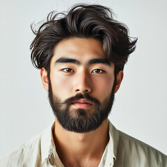 Obraz premium young asian modern japanese man with thick beard and stylish hair, wearing light colored shirt, poses against neutral background, exuding confidence and charm white plain background