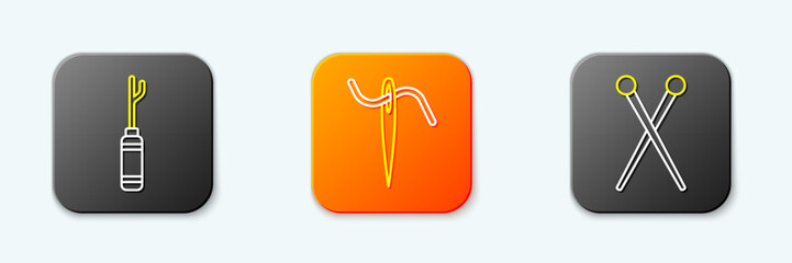 Set line Awl tool, Needle for sewing with thread and Knitting needles icon. Vector