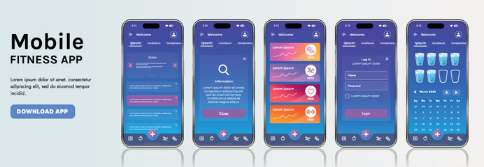 A sleek fitness app interface template featuring responsive design elements, including dashboards, charts, and statistics. Perfect for tracking health, weekly progress, and sports activities