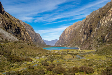 Peru, turquoise Llanganuco Lake in Huascaran National Park, Lagunas de Llanganuco between peruvian mountains