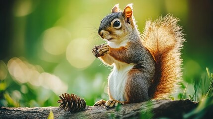 Adorable red squirrel sitting on a log, eating a nut, with a pine cone nearby in a lush green forest.
