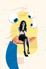 Photo poster 3d image collage banner of scared girl sit human palm eyeball stare pressure control...