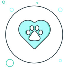 Line Heart with animals footprint icon isolated on white background. Pet paw in heart. Love to the animals. Colorful outline concept. Vector