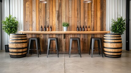 A modern bar setup featuring a wooden wall, metal stools, and decorative plants, creating a warm, inviting ambiance.