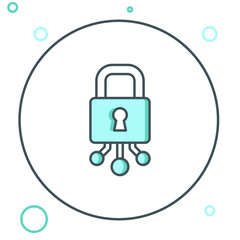 Line Cyber security icon isolated on white background. Closed padlock on digital circuit board. Safety concept. Digital data protection. Colorful outline concept. Vector
