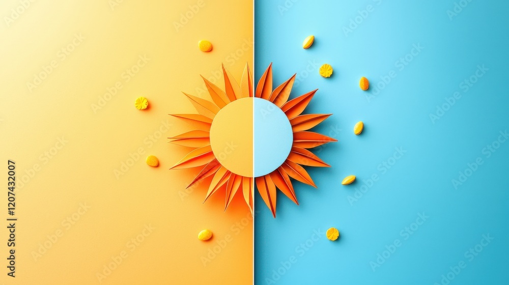 Poster bright and cheerful sun and sky design with paper elements representing day and summer vibes