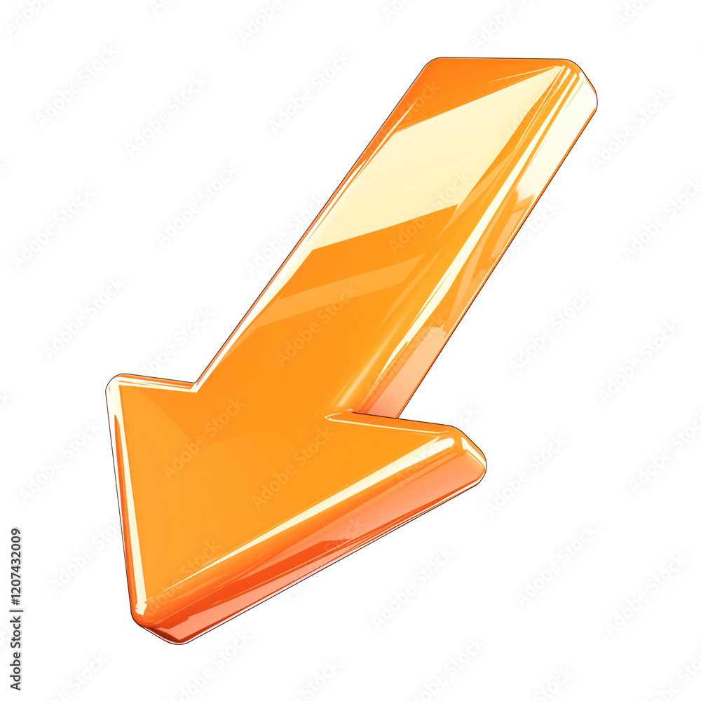 Poster shiny orange arrow pointing downwards with chrome effect, isolated on transparency background. arrow has glossy finish and three dimensional appearance