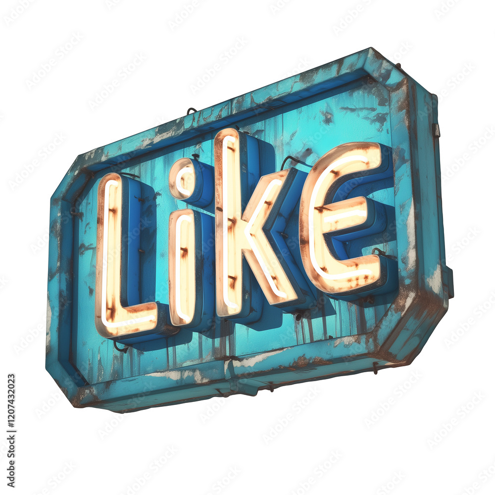 Poster neon blue Like icon with glowing effect is isolated on transparency background, featuring vintage and rustic design. sign appears weathered, adding unique charm