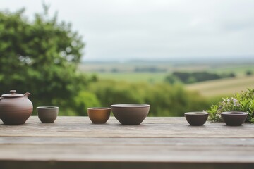 Tea in the Countryside: A rustic countryside setting with a wooden table, a pot of tea, and handmade ceramic cups, surrounded by rolling hills and farms.