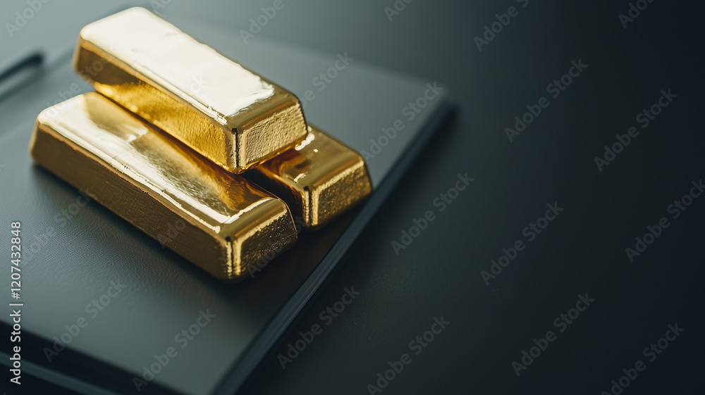 Poster Golden bars stacked on sleek black surface, creating sophisticated and minimal layout. contrast between shiny gold and dark background highlights luxurious feel