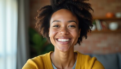 Fototapeta premium Woman with Radiant Smile in Cozy Home Reading Corner