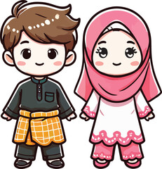 Cute muslim boy and girl. Happy Ramadan, Happy Fasting Day. Selamat Hari Raya Aidilfitri greeting card cartoon character.