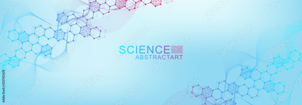 Poster modern scientific background with hexagons, lines and dots. wave flow abstract background. molecular
