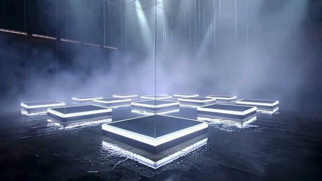A stunning display with mist and LEDs that sequentially unfolds the logical derivation of all permutations of every square in a grid, where each square can be either white or black, creating a mesmeri