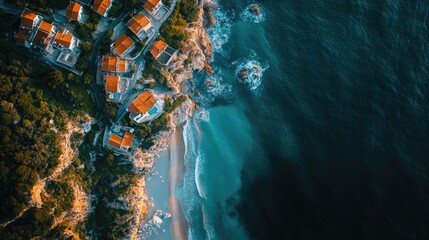 Aerial view of a coastal village with red rooftops and a small beach, surrounded by turquoise water.