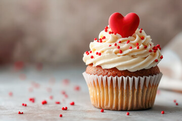 Valentine’s Day celebrated with a close-up of a cupcake topped with cream frosting, red sprinkles, and a heart-shaped decoration.
