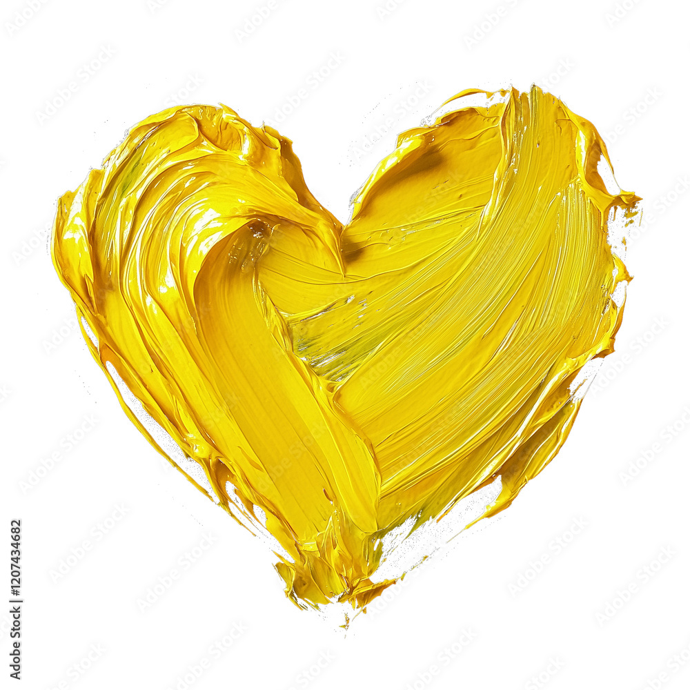 Poster yellow heart painted in thick acrylic strokes on transparency background, conveying warmth and creat