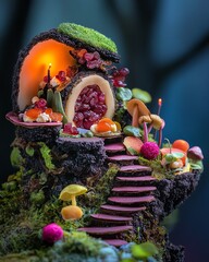 A captivating side view of an enchanted forest, shaped from colorful desserts and savory dishes, macro photography showcasing intricate textures, rich colors, magical ambiance