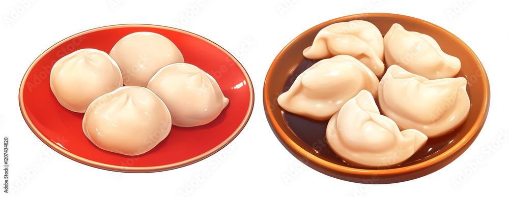 Poster 3d cartoon dumplings on red and brown plates, isolated on transparency background. dumplings appear 