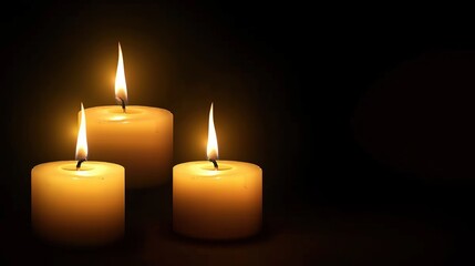 Three burning candles on a black background, casting soft light and shadow to illuminate the darkness. Yellowish-white candle flames emit warmth, symbolizing mystery, quietness, and solemnity in an op