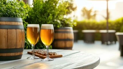 Two glasses of beer sit on a table beside wooden barrels, surrounded by lush greenery and bathed in warm sunlight.