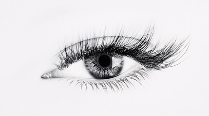 detailed black and white sketch of a human eye with long lashes and intricate shading creating a minimalist aesthetic  
