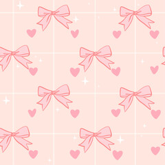 Pink seamless pattern with bows and hearts on checkered background. Coquette vector wallpaper for greeting cards, print, banner, textile