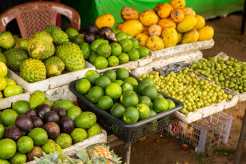 Fruits and vegetables at a local market in Sri lanka. Tropical or exotic fruits on the street in Asia.