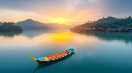 Tranquil Sunrise Over Serene Water with a Colorful Boat and Lush Mountains in the Background, Perfect for Evoking Peaceful Nature Vibes and Scenic Landscapes