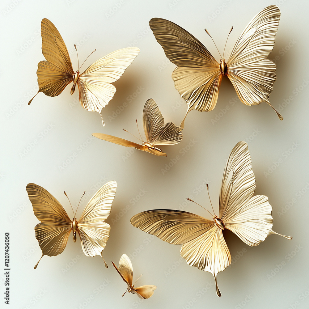 Poster golden butterflies in various sizes, showcasing intricate details and elegant designs, create stunni