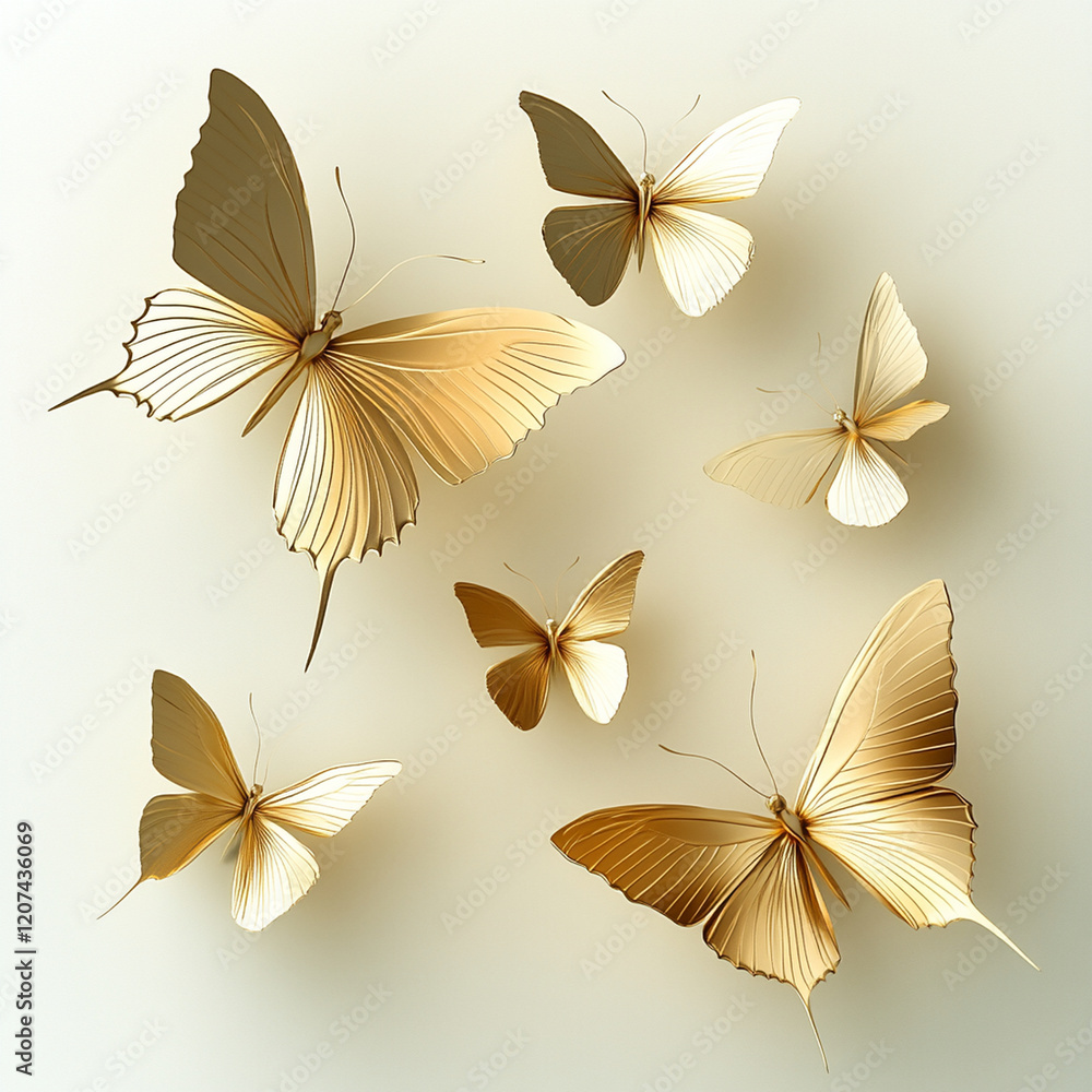 Aufkleber Delicate golden butterflies in various sizes, showcasing intricate wing patterns, create serene and elegant display against soft background
