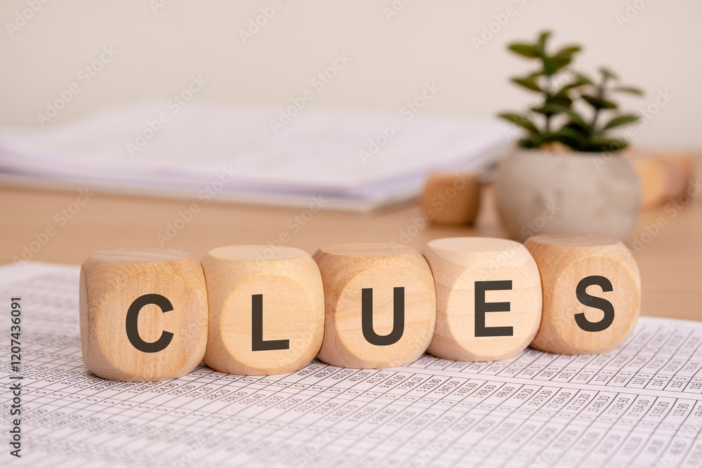 Poster a close-up image of wooden blocks spelling clues placed on a table with financial documents in the b