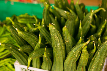 Fruits and vegetables at a local market in Sri lanka. Tropical or exotic fruits on the street in Asia.
