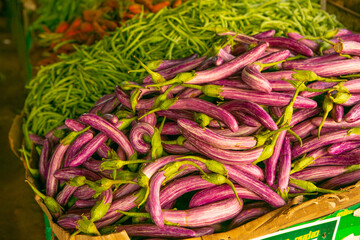 Fruits and vegetables at a local market in Sri lanka. Tropical or exotic fruits on the street in...