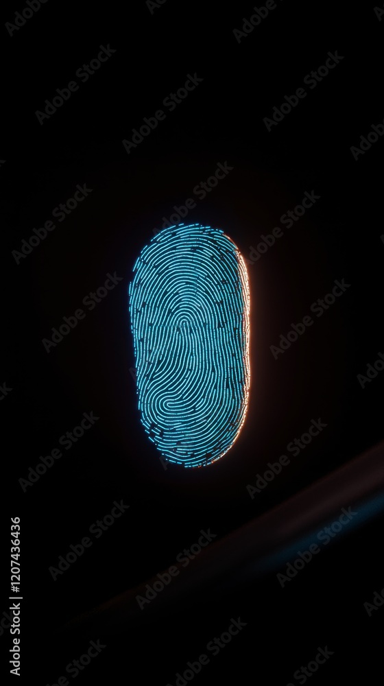Poster glowing blue fingerprint scan digital identity biometric security forensic data